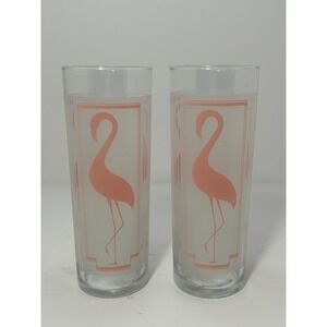 Set of 2 Vtg Glasses Pink flamingo frostedmdrinking glass bird glass Highball‎